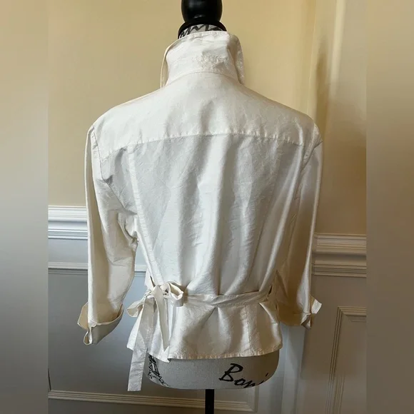 Ivory, 3/4 sleeves Silk Wrap Blouse. - Picture 4 of 11